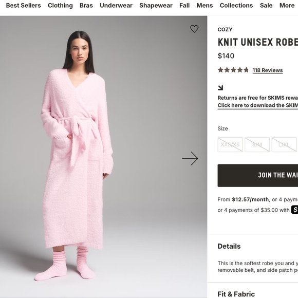 Skims knit fuzzy grey long robe size s/m (unisex) - Picture 2 of 12